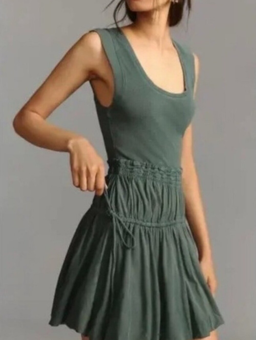 ANTHROPOLOGIE DAILY PRACTICE Green Bubble Hem Tank Dress Medium Forest Fairy